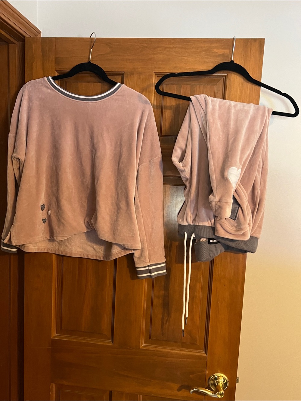 Room Service Light Pink Velour Heart Sweatshirt and Joggers with Striped Cuffs